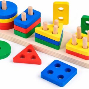 Brinquedo Educativo Encaixe Formas Geométricas Multicoloridas em Madeira MDF, Jogo Pedagógico Infantil 3+, 4 Colunas Premium