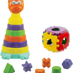 Kendy KIT Brinquedo Urso mais Cubo Educativo, com 1 Cubo Baby com 6 formas geométricas e 1 Urso com 6 anéis coloridos