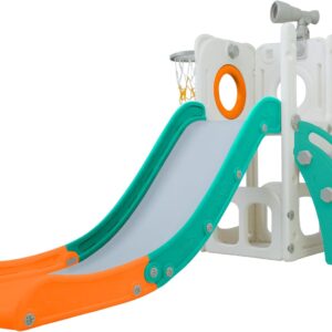 Freso Baby Playground Infantil 4x1 Mini Mundo Spring 1 Torre, Para Crianças de 1 a 4 anos, Compacto e Fácil Montagem, com Escorregador, Cesta de Basquete e Bola, Escalada, Luneta
