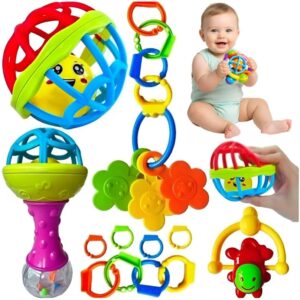Kit Chocalhos e Mordedores para Bebê 8 Peças, Brinquedo Sensorial Educativo Colorido, Silicone Macio, Desenvolvimento Motor