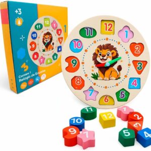 Relógio Educativo Infantil Encaixe Colorido Madeira 17,5cm Brinquedo Educativo Pedagógico Coordenação Motora Aprenda Cores Formas Geométricas Habilidades Manuais Montessori Diversão Premium