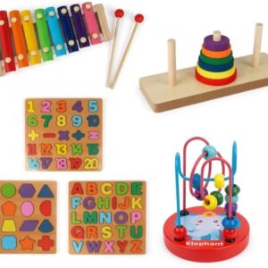 Kit Montessori Educativo Infantil 6 Peças – Brinquedos Educativos de Madeira para Coordenação Motora e Aprendizado Sensorial – Torre Montessori, Xilofone, Aramado e Tabuleiros Geométricos