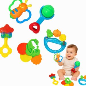 Brinquedo Infantil para Bebês Kit 5 Peças Chocalhos e Mordedores – Coloridos, Brinquedo Educativo, Sensorial e Seguro, Estimula Coordenação Motora, Ideal para 6 a 12 meses