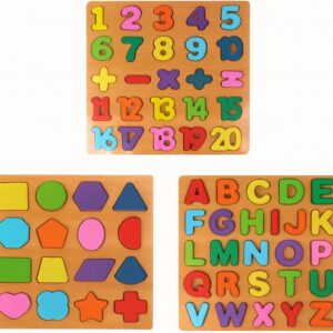 Tabuleiro Educativo 3 em 1 Alfabeto Números e Formas Geométricas Brinquedo Pedagógico de Madeira Infantil Kit Jogo de Encaixe Lúdico