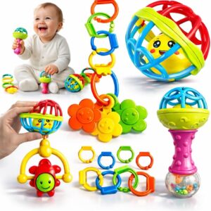 Kit Chocalho para Bebê 8 Peças Brinquedo Educativo Sensorial Mordedor Infantil Colorido Desenvolvimento Motor