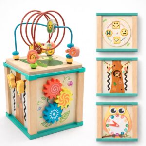 Cubo de Atividades Educativo em Madeira para Crianças – Brinquedo Sensorial Interativo com Labirinto de Contas, Engrenagens e Desafios Cognitivos | Estimula Coordenação Motora e Aprendizado Infantil