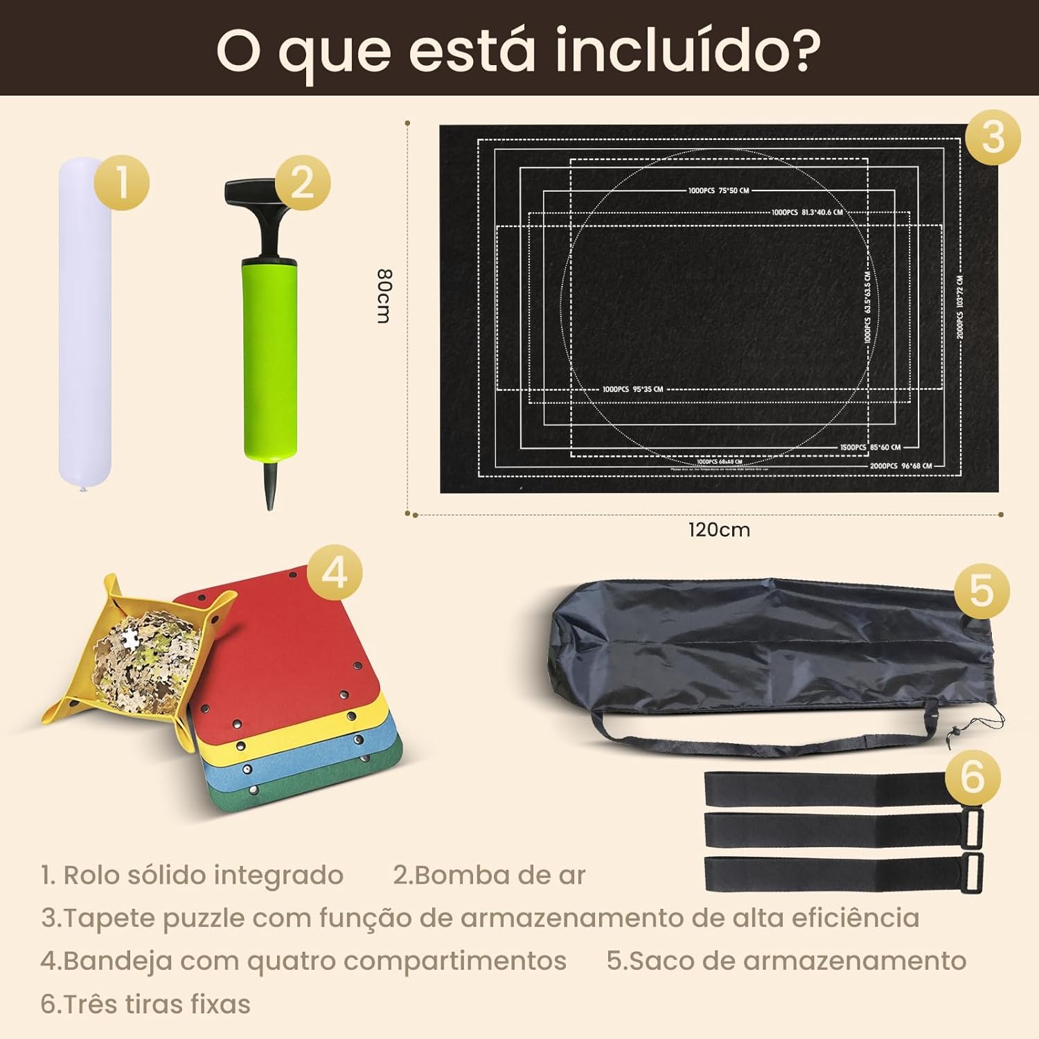 Tapete Quebra Cabeça, Tapete Porta Quebra Cabeça Até 2000 Peças Sortido Guarda Fácil, 120x80 cm, com Bandeja, Bomba de Ar e Bolsa - Imagem 6