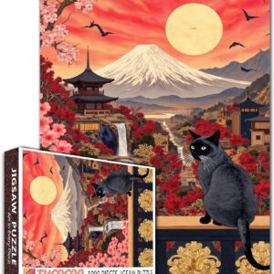 Quebra-cabeça gato preto com Monte Fuji 1000 peças para adultos estudantes paisagem japonesa céu vermelho cachoeiras flores de cerejeira cores vibrantes arte quebra-cabeças 50 x 68 centímetros